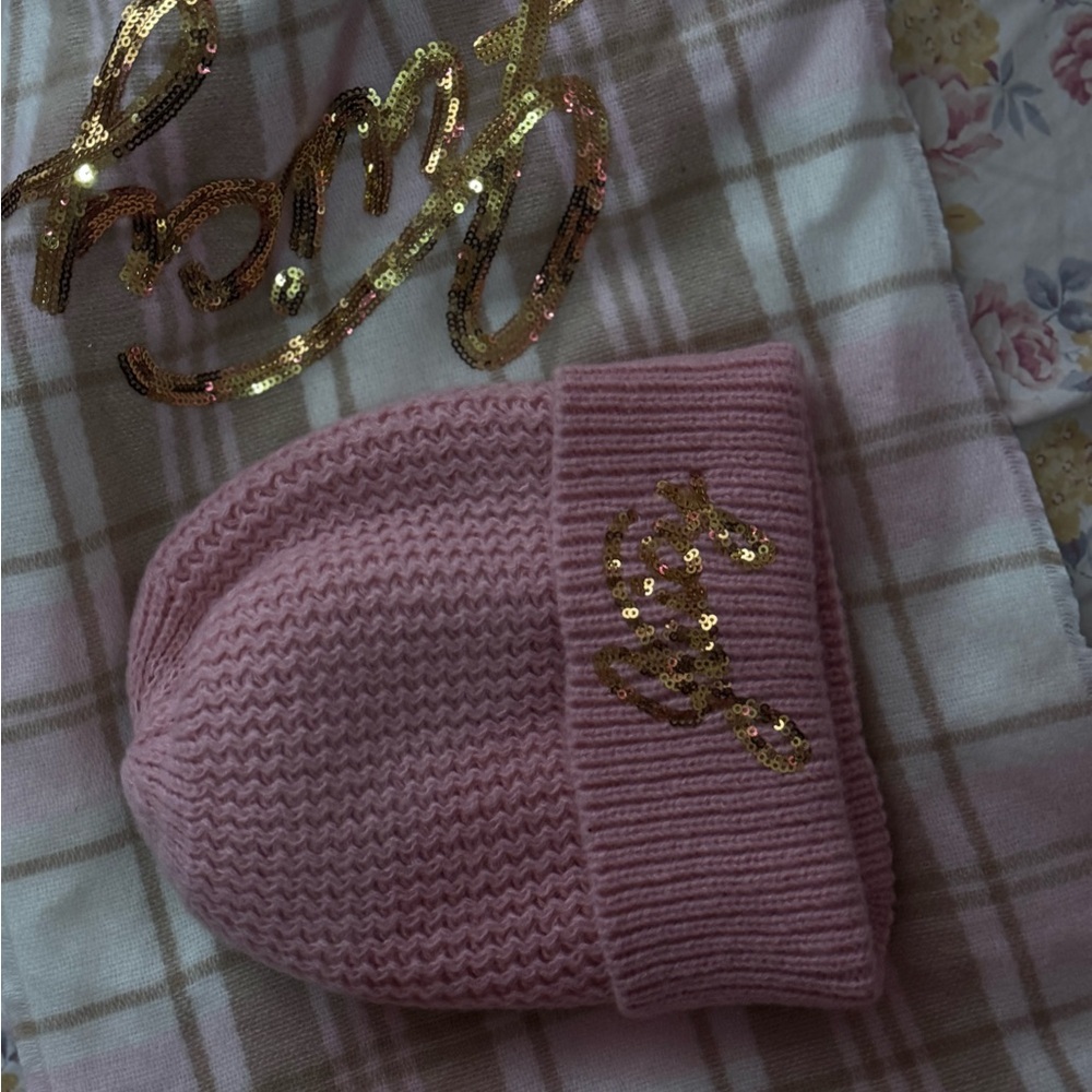 Pink Knit Beanie  and scarf with Gold Sequin Detail